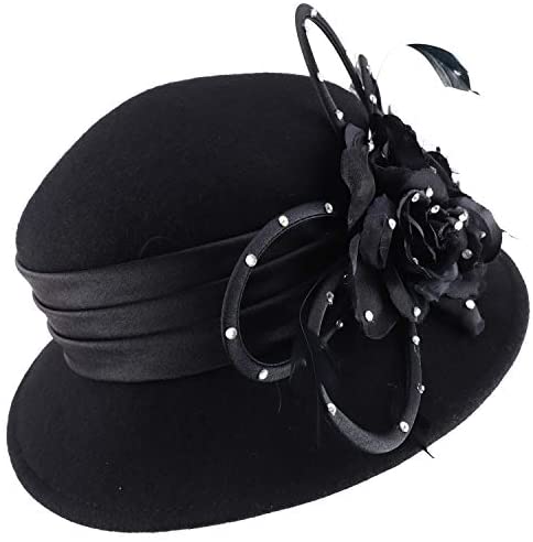 Trendy Apparel Shop Wool Dress Hat with Stones Loop Trim Feathers Satin Band