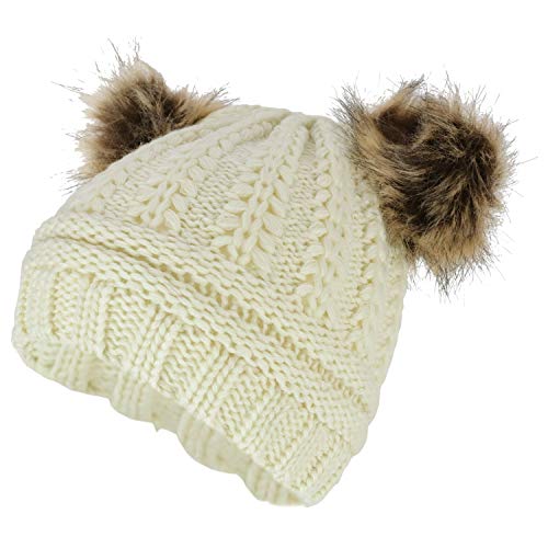 Trendy Apparel Shop Kid's Youth Size Girls Cable Knit Fur Pom Ears Beanie Hat
