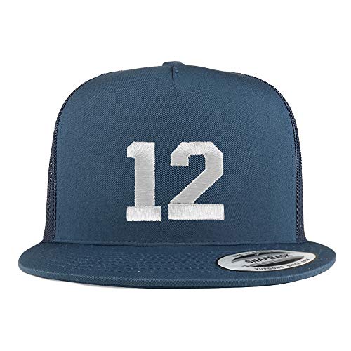 Trendy Apparel Shop Number 12 White Thread Embroidered Flat Bill 5 Panel Trucker Cap