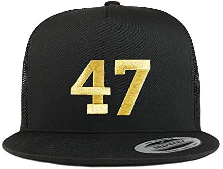 Trendy Apparel Shop Number 47 Gold Thread Embroidered Flat Bill 5 Panel Trucker Cap