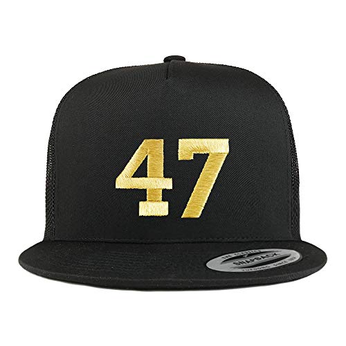 Trendy Apparel Shop Number 47 Gold Thread Embroidered Flat Bill 5 Panel Trucker Cap