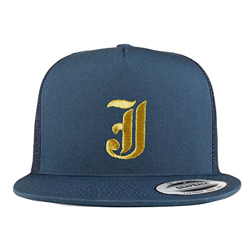 Trendy Apparel Shop Old English Gold J Embroidered 5 Panel Flatbill Trucker Mesh Cap