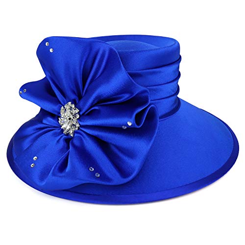 Trendy Apparel Shop Stones Flower Decorative Telescope Crown Satin Dress Hat