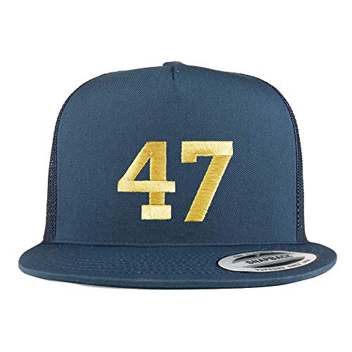 Trendy Apparel Shop Number 47 Gold Thread Embroidered Flat Bill 5 Panel Trucker Cap