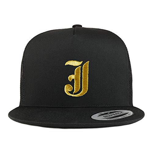 Trendy Apparel Shop Old English Gold J Embroidered 5 Panel Flatbill Trucker Mesh Cap