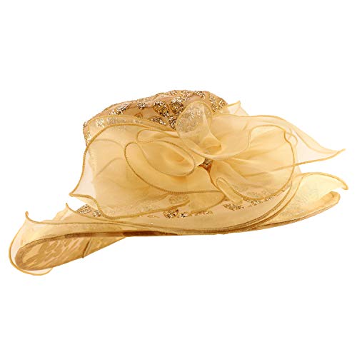 Trendy Apparel Shop Glitter Leaves Pattern Ruffled Brim Fashion Organza Hat