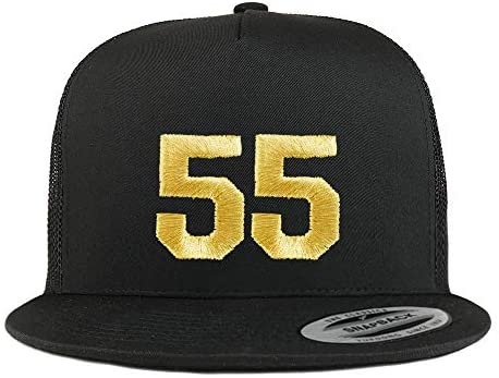 Trendy Apparel Shop Number 55 Gold Thread Embroidered Flat Bill 5 Panel Trucker Cap