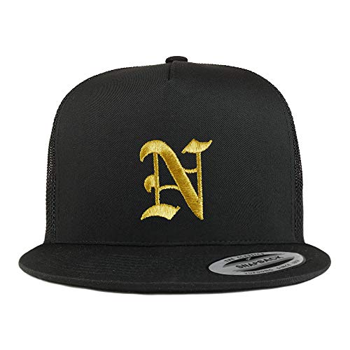 Trendy Apparel Shop Old English Gold N Embroidered 5 Panel Flatbill Trucker Mesh Cap