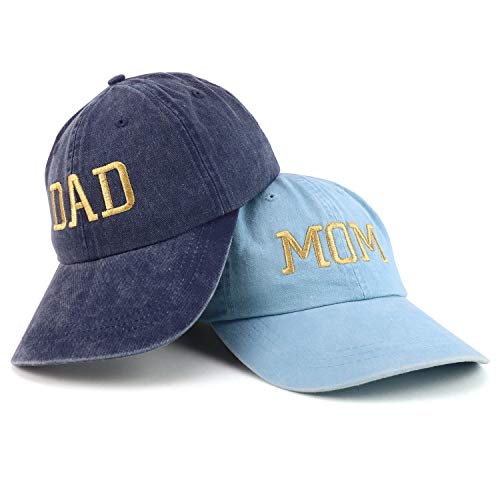 Trendy Apparel Shop Capital Gold Thread Mom and Dad Pigment Dyed 2 Pc Cap Set