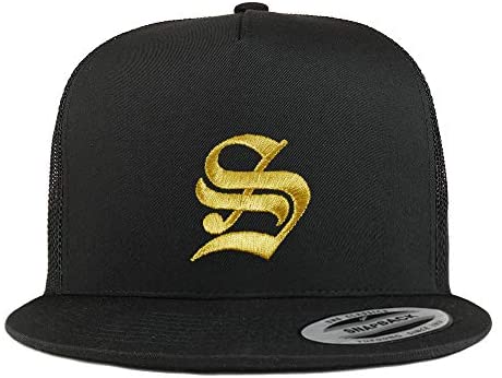 Trendy Apparel Shop Old English Gold S Embroidered 5 Panel Flatbill Trucker Mesh Cap