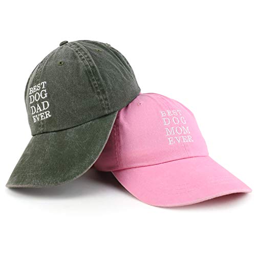 Trendy Apparel Shop Best Dog Mom and Dad Ever Pigment Dyed Couple 2 Pc Cap Set