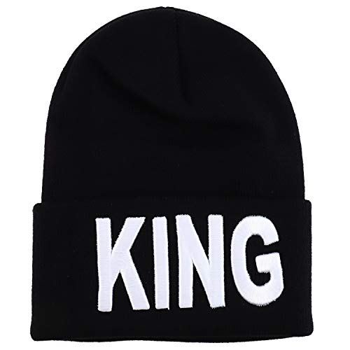 Trendy Apparel Shop 3D King and Queen Embroidered Winter Cuff Folded Long Beanie