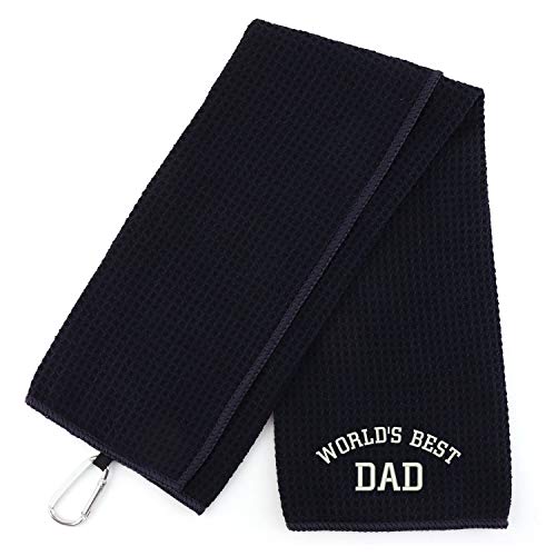 Trendy Apparel Shop World's Best Dad Embroidered Trifold Waffle Textured Microfiber Gold Towel with Carabiner