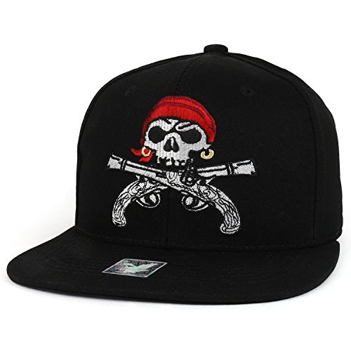 Trendy Apparel Shop Pirate Skull Guns Embroidered Flatbill Cotton Snapback Cap