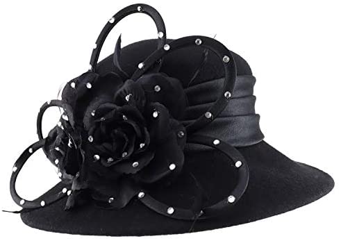 Trendy Apparel Shop Wool Dress Hat with Stones Loop Trim Feathers Satin Band