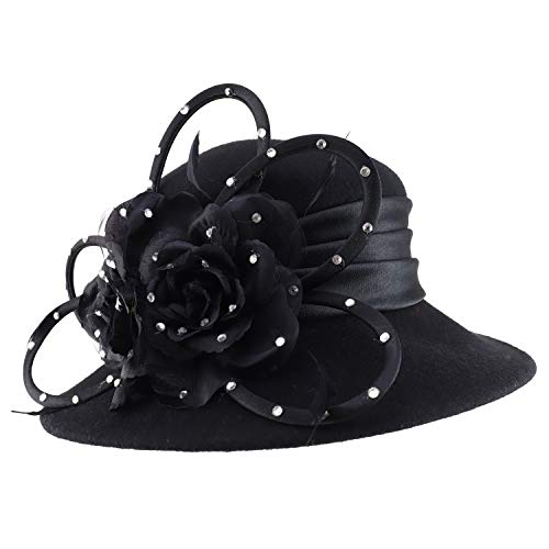 Trendy Apparel Shop Wool Dress Hat with Stones Loop Trim Feathers Satin Band