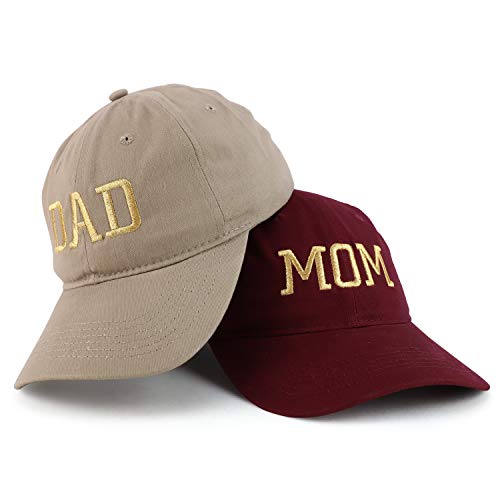 Trendy Apparel Shop Capital Gold Thread Mom and Dad Soft Cotton 2 Pc Cap Set
