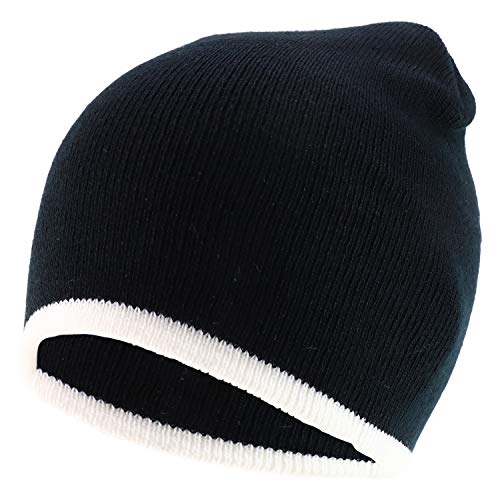 Trendy Apparel Shop Two Tone Color Bottom Striped Short Knit Winter Beanie Hat