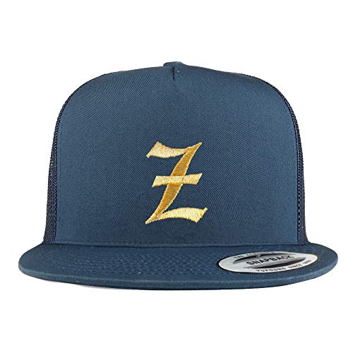 Trendy Apparel Shop Old English Gold Z Embroidered 5 Panel Flatbill Trucker Mesh Cap