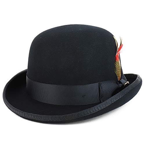 Trendy Apparel Shop Feather Grosgrain Bow Hatband Wool Felt Derby Bowler Hat