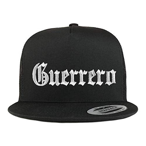 Trendy Apparel Shop Old English Guerrero White Embroidered 5 Panel Flatbill Trucker Mesh Cap