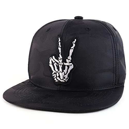 Trendy Apparel Shop Skeleton Finger Embroidered Camo Satin Flatbill Baseball Cap