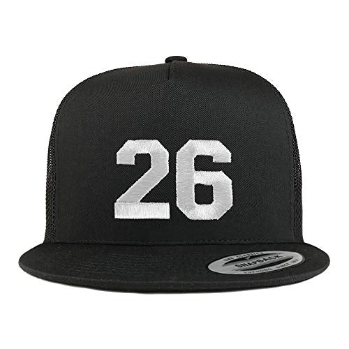 Trendy Apparel Shop Number 26 White Thread Embroidered Flat Bill 5 Panel Trucker Cap