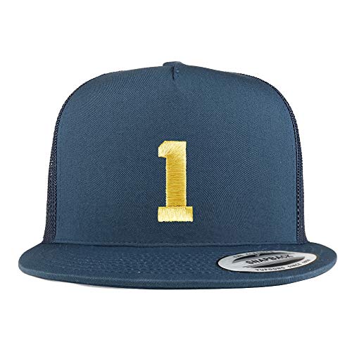 Trendy Apparel Shop Number 1 Gold Thread Embroidered Flat Bill 5 Panel Trucker Cap