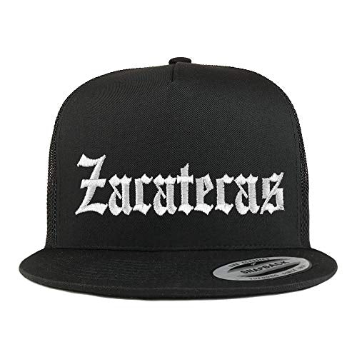 Trendy Apparel Shop Old English Zacatecas White Embroidered 5 Panel Flatbill Trucker Mesh Cap
