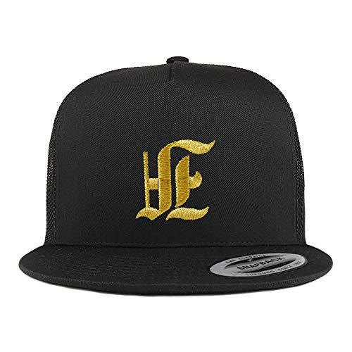 Trendy Apparel Shop Old English Gold F Embroidered 5 Panel Flatbill Trucker Mesh Cap