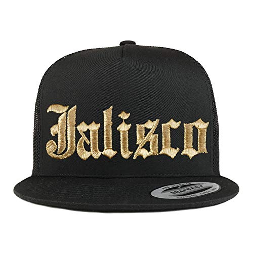 Trendy Apparel Shop Old English Jalisco Gold Embroidered 5 Panel Flatbill Trucker Mesh Cap