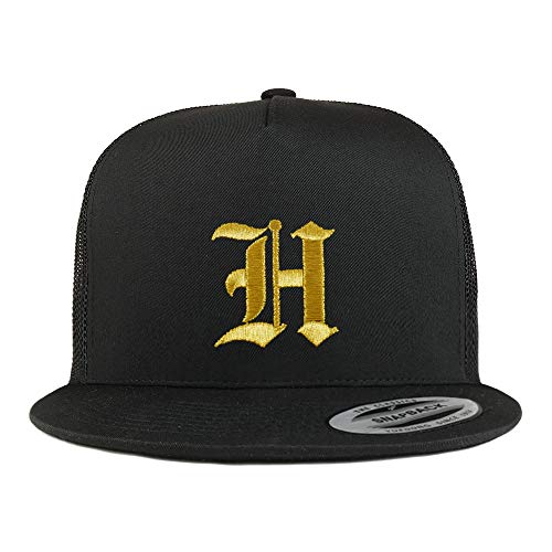 Trendy Apparel Shop Old English Gold H Embroidered 5 Panel Flatbill Trucker Mesh Cap