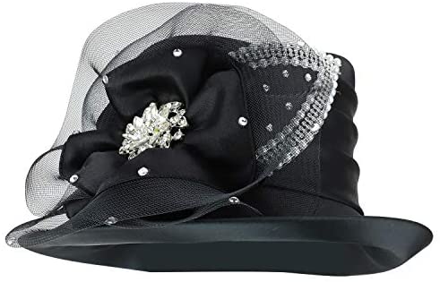 Trendy Apparel Shop Pearl Stone Brooch Satin Rosette Dress Church Hat