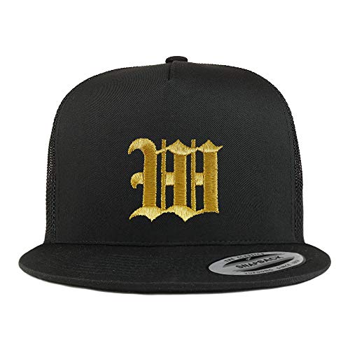Trendy Apparel Shop Old English Gold W Embroidered 5 Panel Flatbill Trucker Mesh Cap