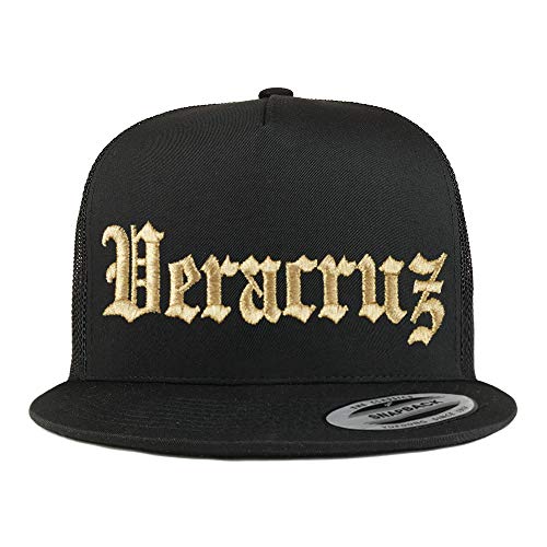 Trendy Apparel Shop Old English Veracruz Gold Embroidered 5 Panel Flatbill Trucker Mesh Cap