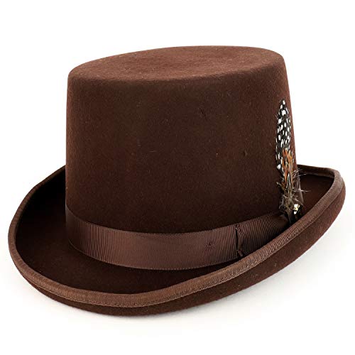 Trendy Apparel Shop 100% Wool Felt Feather Grosgrain Band Men's Top Hat