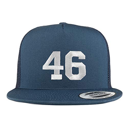 Trendy Apparel Shop Number 46 White Thread Embroidered Flat Bill 5 Panel Trucker Cap