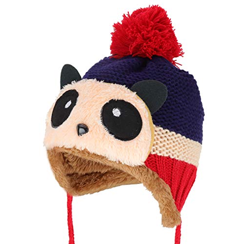 Trendy Apparel Shop Kid's Panda Animal Pom Fur Lining Knit Beanie with Tassel