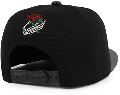 Trendy Apparel Shop Rose Skull Hand Embroidered PU Flat Bill Snapback Cap