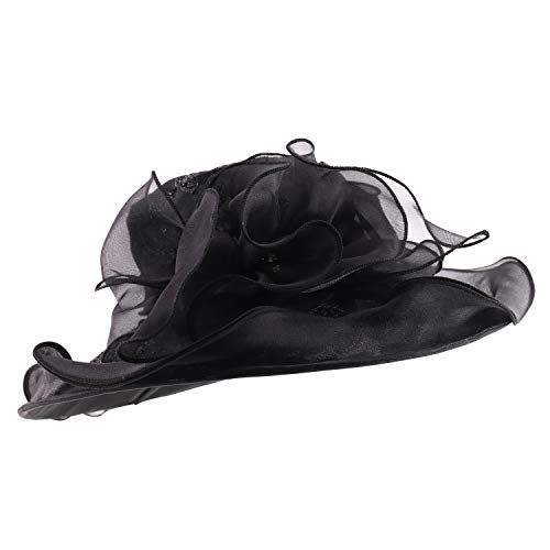 Trendy Apparel Shop Glitter Leaves Pattern Ruffled Brim Fashion Organza Hat