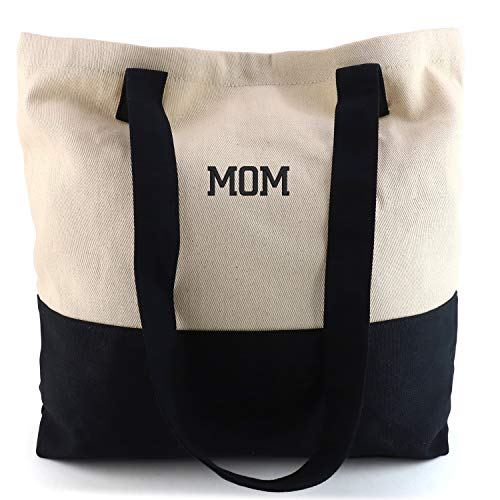 Trendy Apparel Shop Mom Embroidred Colorblock Cotton Twill Large Tote Bag