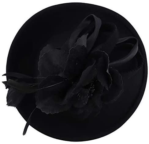 Trendy Apparel Shop Flower Trim Feather Loop Band Wool Fascinator Hat