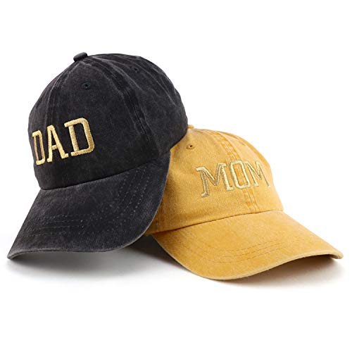 Trendy Apparel Shop Capital Gold Thread Mom and Dad Pigment Dyed 2 Pc Cap Set