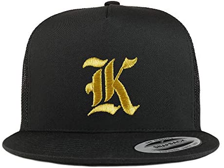 Trendy Apparel Shop Old English Gold K Embroidered 5 Panel Flatbill Trucker Mesh Cap