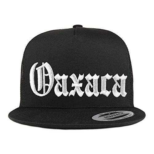 Trendy Apparel Shop Old English Oaxaca White Embroidered 5 Panel Flatbill Trucker Mesh Cap