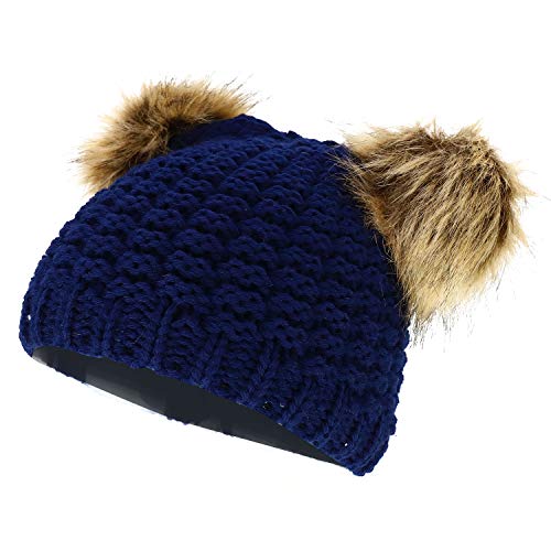 Trendy Apparel Shop Kid's Youth Size Girls Fur pom Ears Crochet Knit Beanie Hat