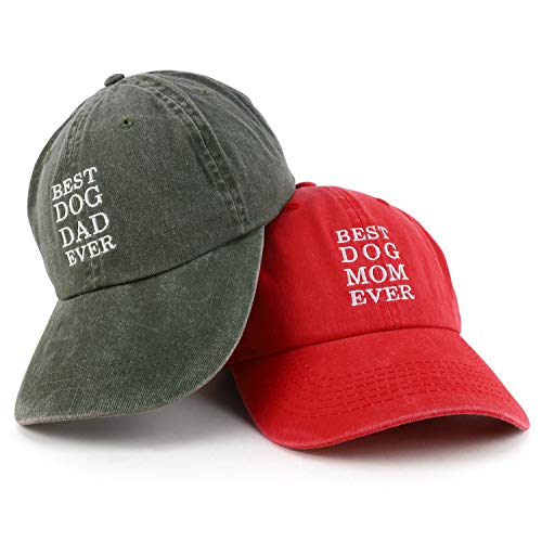 Trendy Apparel Shop Best Dog Mom and Dad Ever Pigment Dyed Couple 2 Pc Cap Set