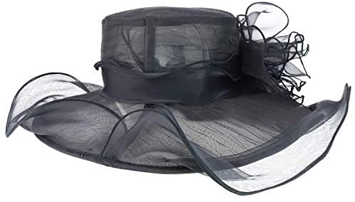 Trendy Apparel Shop Big Brim Pleated Rhinestone Brooch Flower Organza Hat