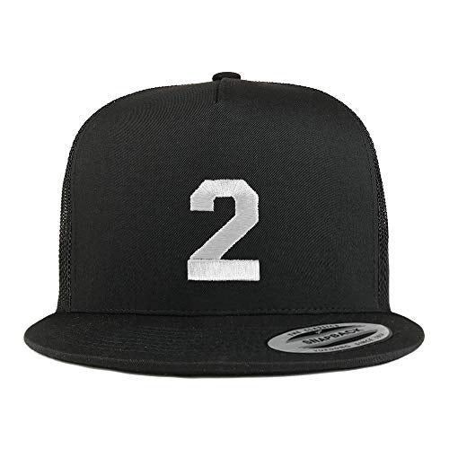 Trendy Apparel Shop Number 2 White Thread Embroidered Flat Bill 5 Panel Trucker Cap