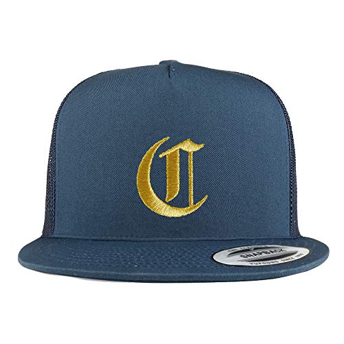 Trendy Apparel Shop Old English Gold C Embroidered 5 Panel Flatbill Trucker Mesh Cap